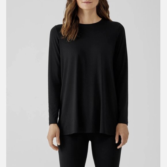 Eileen Fisher Black Fine Jersey Crew Neck Long Length Top - Picture 1 of 5
